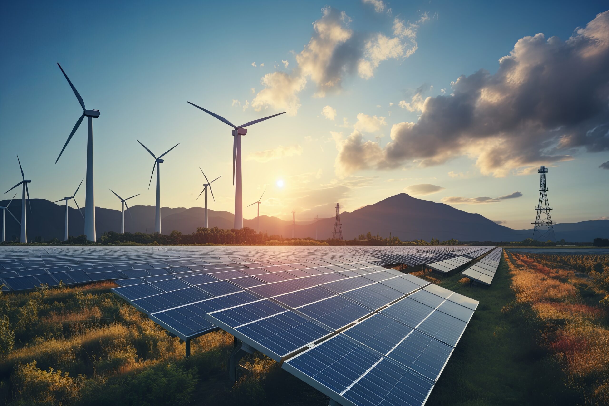 Renewable and Green energy concept with solar panels and wind turbines Industrial landscape background