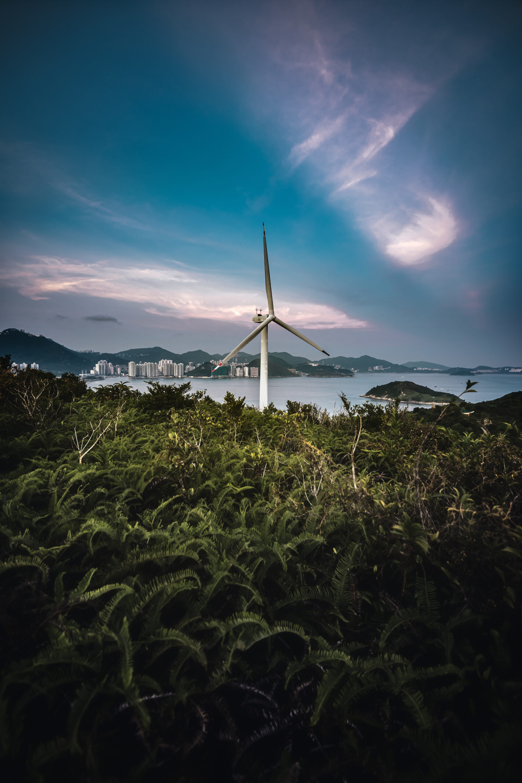 A vertical shot of a wind turbine in a field with the sea in the background