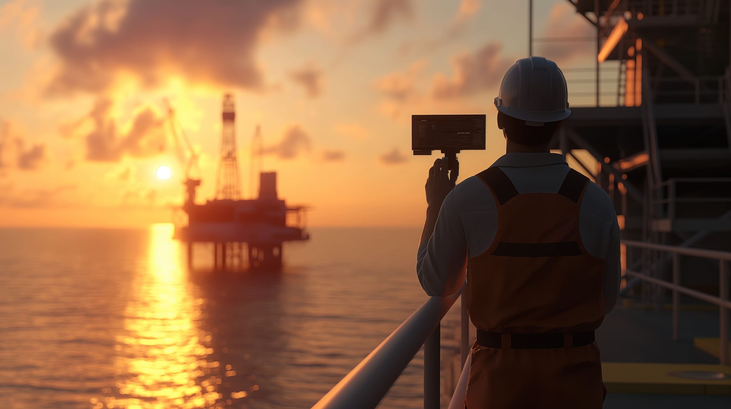 worker-safety-gear-stands-platform-closely-monitoring-inspection-process-as-sun-sets-horizon-illuminating-ocean-oil-rig (1)