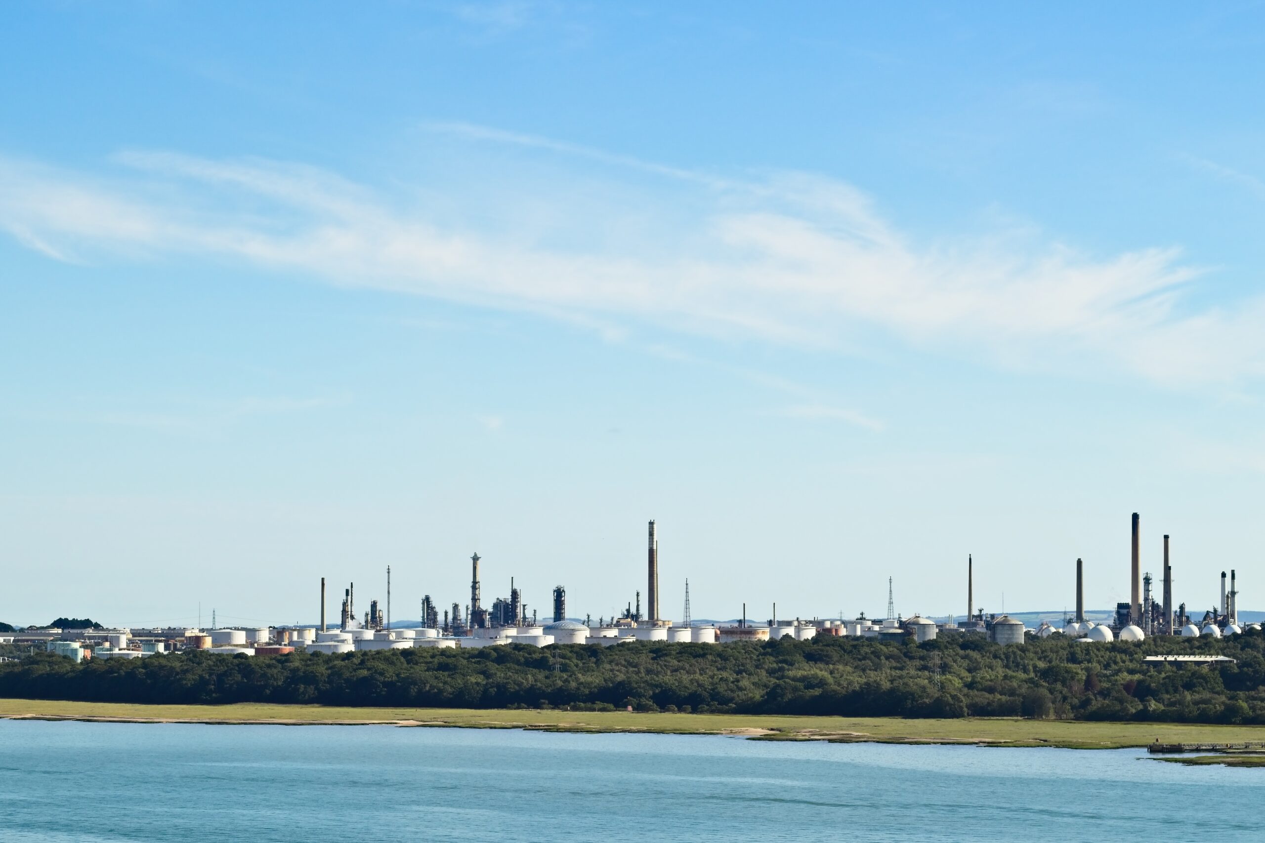An industrial oil refinery plant near Southampton, England. Fossil fuel concept image.