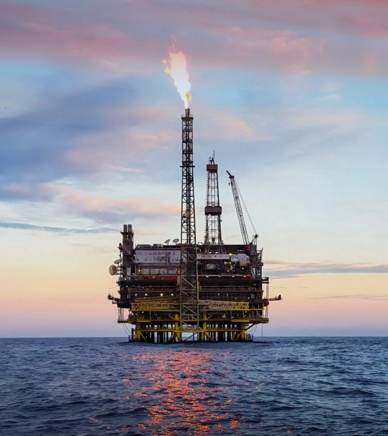 Offshore construction platform for production oil and gas. Oil and gas industry and hard work. Production platform and operation process by manual and auto function from control room.